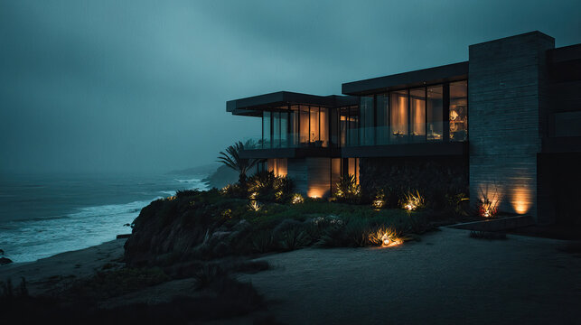Opulent luxury villa exterior with dramatic architecture and landscaped grounds