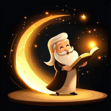 Islamic Scholar Reading Quran Illustration with Golden Moon and Stars for Ramadan