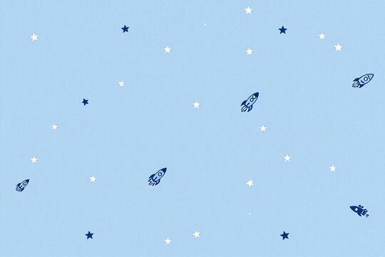 a blue background with a pattern of rockets and stars