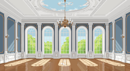 Naklejka premium Luxurious Empty Ballroom Interior Vector Illustration Featuring Classical Architecture Grand Windows and Elegant Gold Chandelier Design