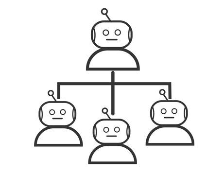 AI Chatbot Team Structure and Robot Workforce Hierarchy Line Icon Ai agents editable vector lineart icon outline