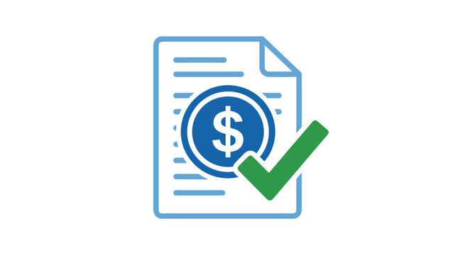 Document invoice icon with dollar coin and green checkmark.