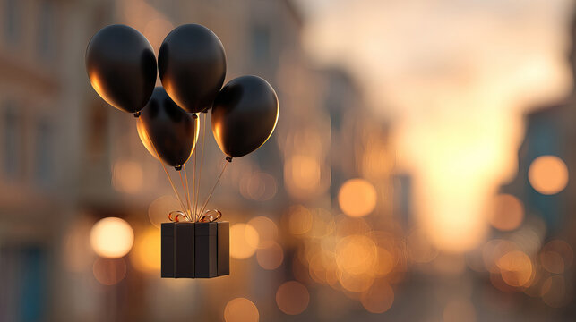 Uplifting matte black balloons carrying a parcel above warm city lights at golden hour