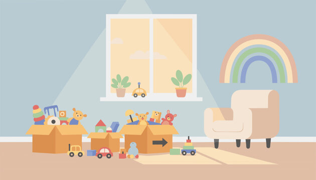 Cozy kid playroom interior with cardboard boxes filled with toys, a comfortable armchair, and a rainbow wall decal.