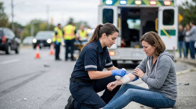 Female paramedic in uniform applying a bandage to an injured woman's arm at the scene of an accident. Emergency medical responder providing professional first aid care and immediate treatment.