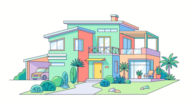 Colorful Two Story Residential House Building.