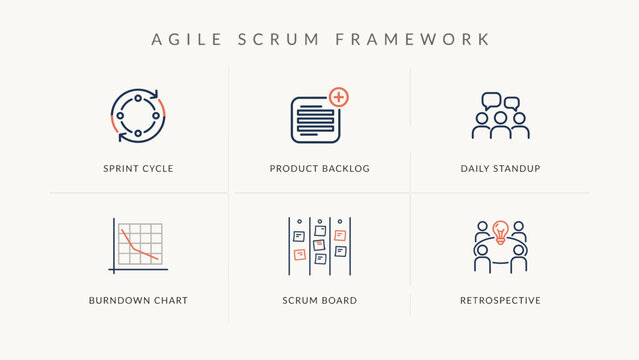 Scrum sprint cycle development flat icon grid - Suitable for project tracking software, team collaboration presentations, or corporate efficiency guides.