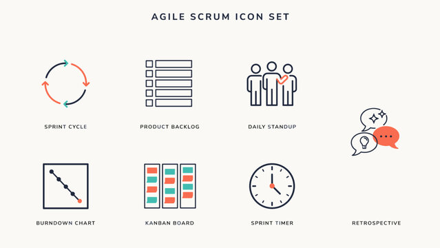 Agile Scrum framework project management icon sheet - Great for software development team training, business workflow software, or sprint planning tools.