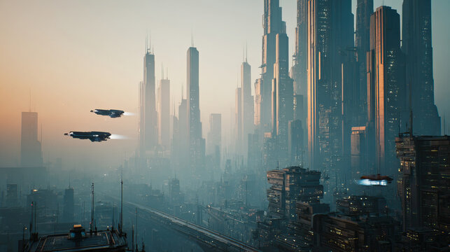 Futuristic city skyline highlighting aerial platforms and fastmoving transportation networks