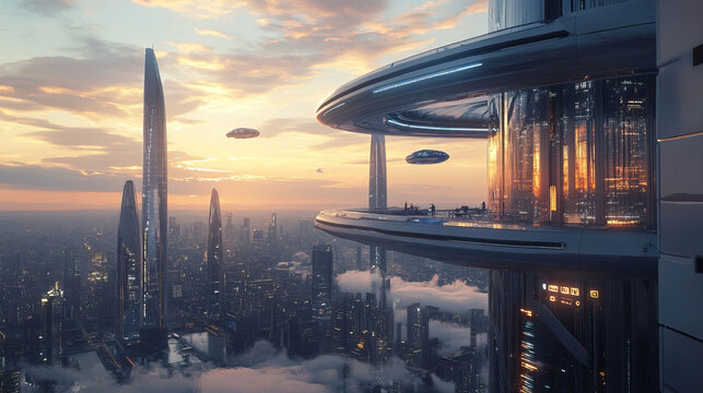 Futuristic city skyline highlighting aerial platforms and fastmoving transportation networks