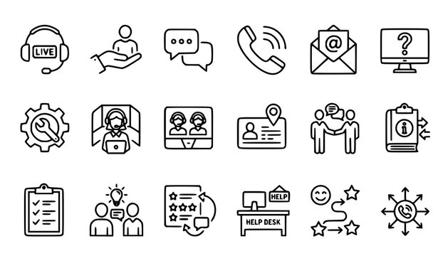 Customer Support and Contact Outline Icons Pack with Help Desk Communication and Assistance Symbols