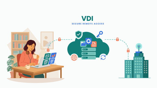 Virtual desktop infrastructure remote work system - Great for enterprise IT software promotions, remote working tool guides, or cloud network presentations.