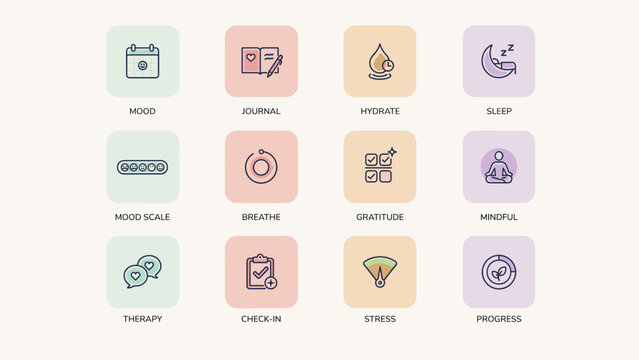 Healthcare mood tracker and hydration icon sheet - Ideal for psychological wellbeing apps, habit tracking promotions, or lifestyle wellness content.