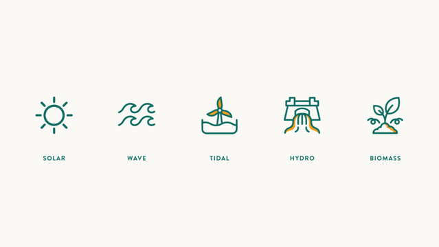 Sustainable solar wind and tidal energy icons - Suitable for clean power infrastructure promotions, environmental conservation guides, or green tech.