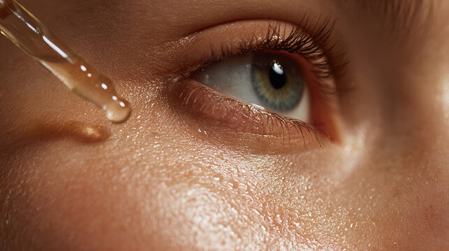 Macro close-up of a serum droplet on cheek skin with natural texture and subtle highlights