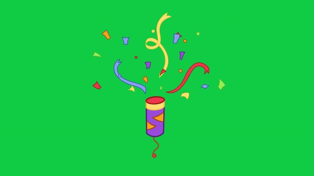 Party purple popper shooting ribbons looping animation for celebration promos green screen