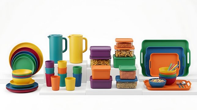 Set of colorful plastic food containers plates cups and pitchers for kitchen and picnic use. multicolored plasticware