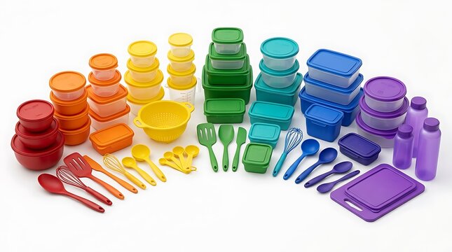 Colorful plastic kitchen containers and cooking utensils set arranged in rainbow color order. multicolored plasticware