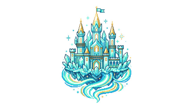 Fantasy castle with towers and flag.
