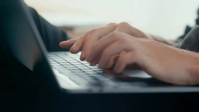 Close up side view of professional hands typing on a laptop keyboard Detailed shot of programmer or office worker typing on computer laptop keys.