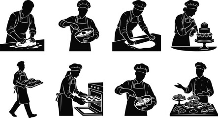 Naklejka premium Silhouette set of professional bakers and pastry chefs preparing bread, cakes, and pastries in a bakery