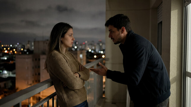 Couple having a serious argument on balcony at night, man gesticulating to an unreceptive woman with arms crossed
