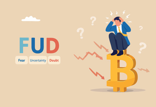 Fear, uncertainty and doubt acronym as FUD in crypto currency trading by spread information concept, confused businessman investor sitting with fear Bitcoin symbol