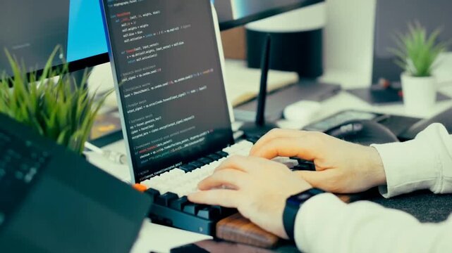 Programmer hands typing code on laptop computer in IT office setup Software engineer programming on mechanical keyboard close up video
