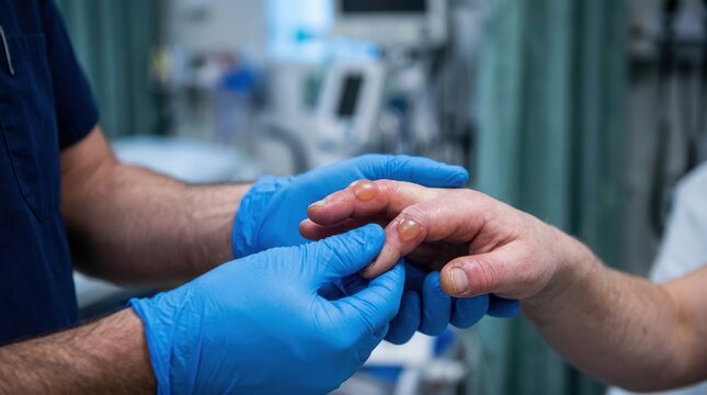 Close-up of swollen fingers showing signs of frostbite and blistering, being carefully examined by a doctor wearing blue medical gloves. 