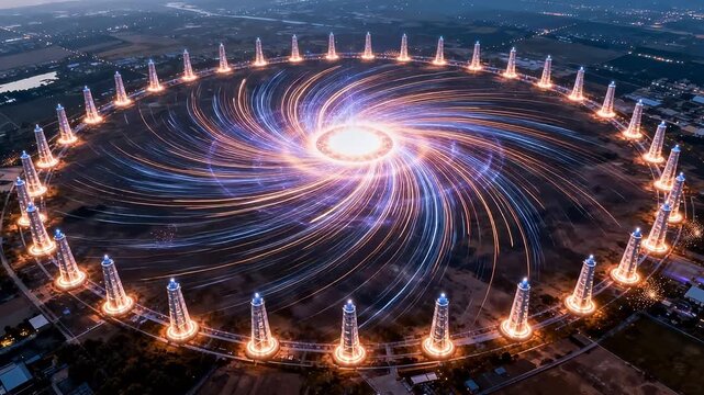 Circular building complex with spiral light effects and glowing towers at night