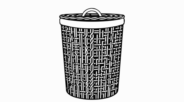 Minimalist Woven Laundry Basket and Hamper with Lid for Household Storage and Organization in Black and White Vector Art