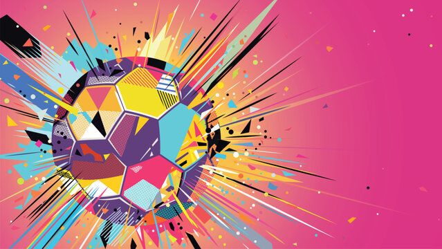 Abstract colorful geometric soccer ball and confetti exploded on pink background have blank space.