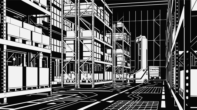Modern warehouse automation featuring an autonomous robot managing logistics and storage within a high-tech distribution center