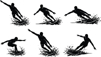 Wakeboarding athlete silhouettes performing water sports tricks with dynamic motion and splash effects © Mominul