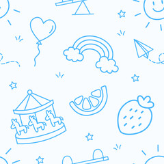 Cute baby boy nursery seamless pattern with blue line art doodles of carousel rainbow strawberry and sun for children fabric wallpaper design vector illustration