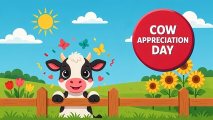 Fototapeta premium Cute cartoon cow standing behind a wooden fence on cow appreciation day
