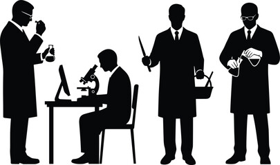 Scientist laboratory silhouettes conducting chemical analysis microscope research and experimental testing activities © Mominul