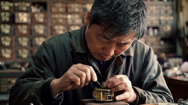 Asian watchmaker meticulously repairs intricate antique clockwork mechanism with tools