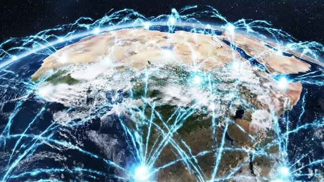 Earth globe with glowing digital communication network nodes.