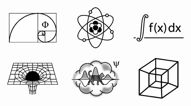 Scientific and Mathematical Symbols Collection Including Golden Ratio Atom Integral and Quantum Physics Diagrams.