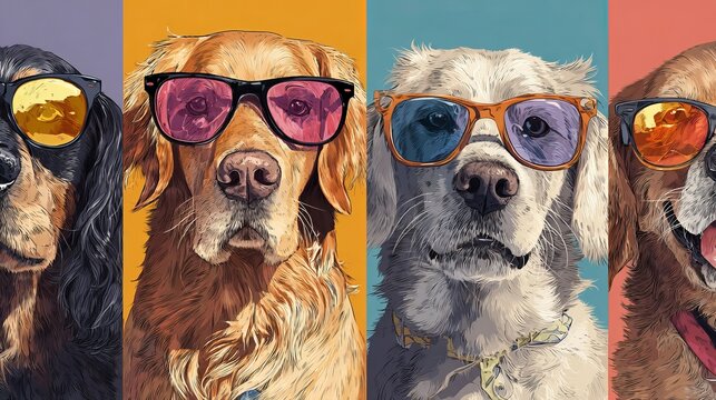 Four adorable dogs wearing colorful trendy sunglasses posing for a vibrant portrait set against bright solid block color studio backgrounds