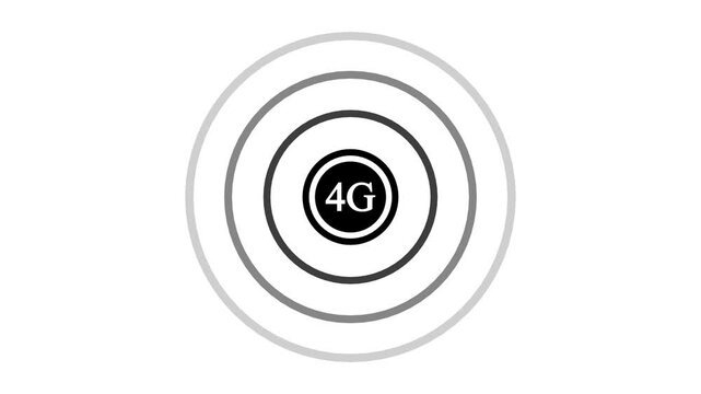 Minimalist 4G Network Signal Concept with Black Badge Icon and Concentric Signal Rings Expanding and Pulsing Isolated on Clean White Background for Mobile Telecommunication, Technology, and Wireless