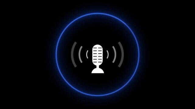 Neon Glowing Blue Circle with Retro White Microphone Icon and Expanding Audio Waves Pulsing on Black Background for Podcast, Radio Broadcast, Voice Recording, and Sound Design Concept