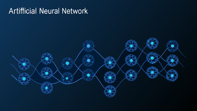 Artificial neural network visualization blue vector illustration on dark background