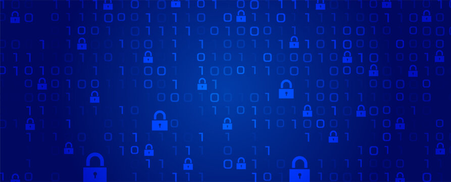 Blue digital background with binary code and padlock icons, illustrating cybersecurity, data protection, and secure information networks. Technology concept.
