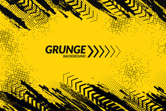 Yellow and black backdrop with dot halftone, arrows and grunge dirt elements. Urban style modern grunge background. Drive and speed modern creative wallpaper for your graphic design, banner or poster