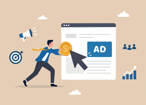 Paid media or pay per click advertising, marketing campaign pay for online ads for users to visit website concept, businessman marketer push money coin into mouse pointer to click to website