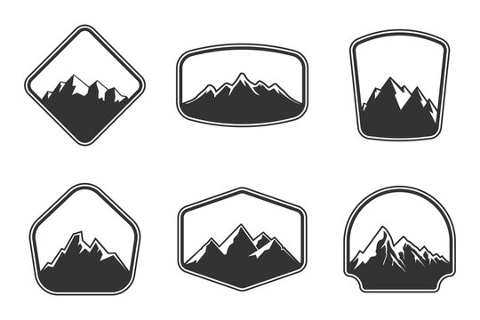 Mountain Shield Shapes Vector Set. Outdoor Adventure Badge Frames and Mountain Emblem Collection