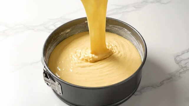 Classic Buttery Yellow Sponge Cake Batter Pouring Into Round Baking Pan On Marble Countertop