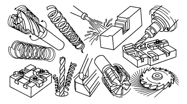 Industrial metal machining tools and mechanical engineering process line art illustrations.